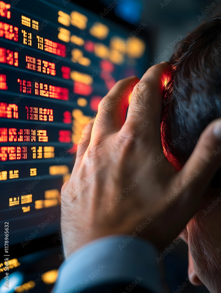 Poster a person appears stressed while analyzing financial data on a screen filled with red and yellow numb