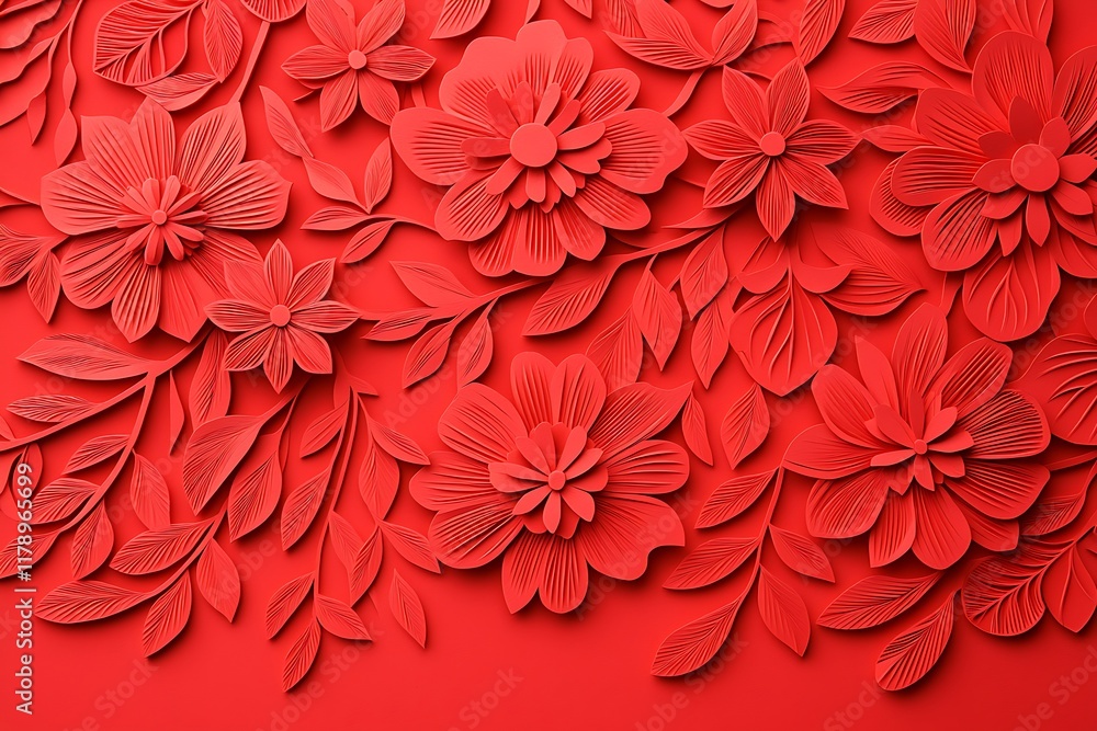 Poster a vibrant red backdrop featuring intricately designed floral patterns, creating a striking and textu