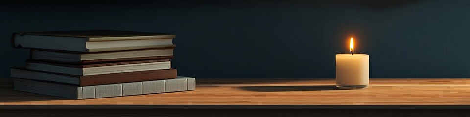 stack of books and candle on a table