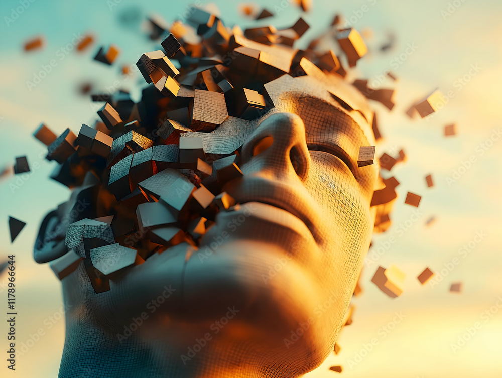 Poster a surreal representation of a face disintegrating into fragments, symbolizing the breakdown of ident