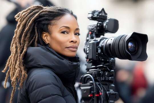 African American Female Filmmaker with Professional Video Camera on Urban Set
