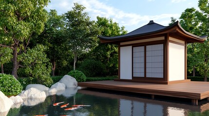 A serene Japanese-style pavilion by a tranquil pond, surrounded by lush greenery and large rocks, creating a peaceful outdoor retreat.