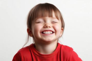 little girl with down syndrome laughing in a red shirt against a white background