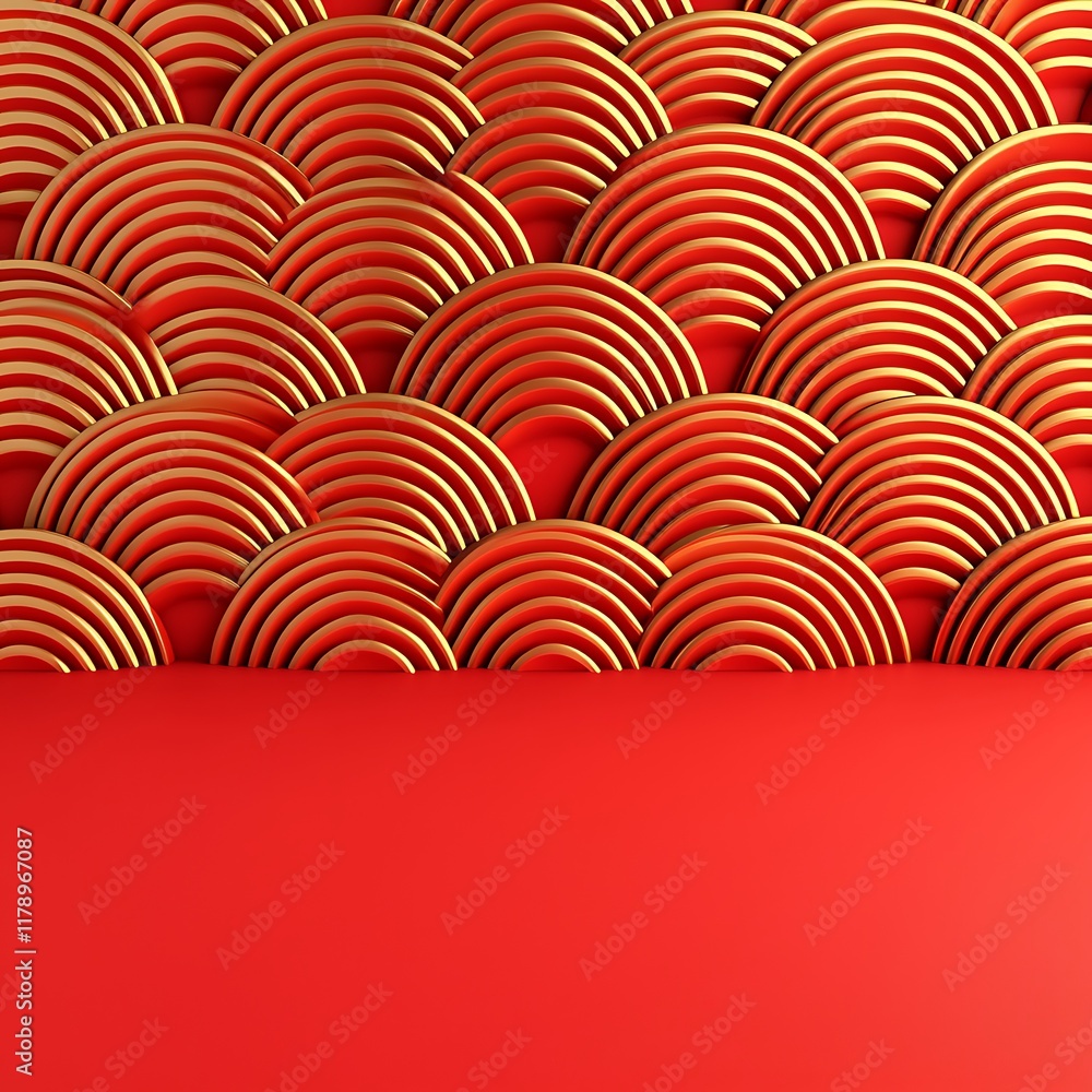 Poster a vibrant red background featuring intricate golden wave patterns, creating a stylish and elegant de