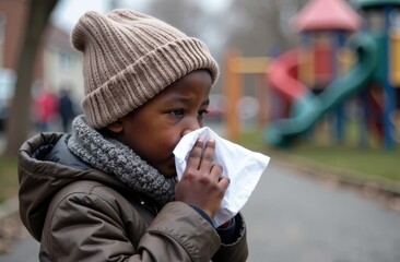 Child African American boy 6-8 years old with a cold and fever with a handkerchief on a city street in a winter knitted hat, scarf, jacket. Seasonal cold concept