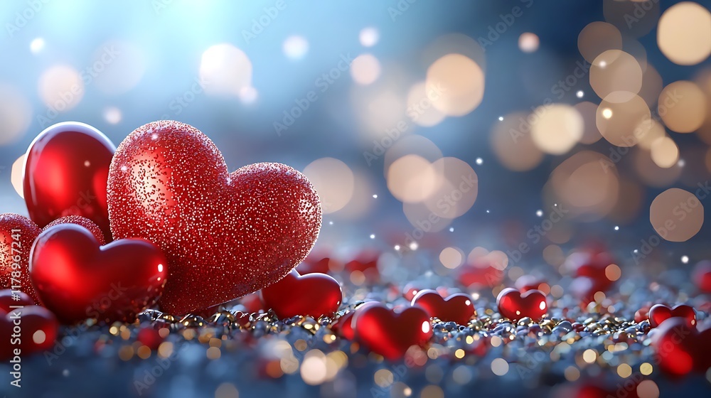 Poster glowing red and gold heart shaped sparkling and shimmering in a festive romantic mood creating an el