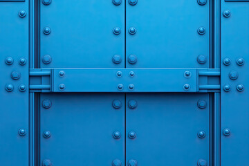 Obraz premium A vivid blue metal door with rivets and a central bar, offering a modern industrial aesthetic.