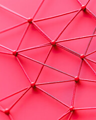 A vibrant pink surface featuring interconnected strings forming a geometric pattern, creating a visual texture and depth.