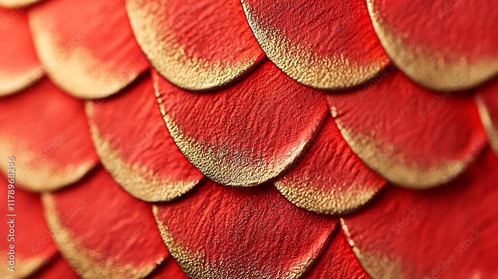 Poster close-up image of textured red and gold scales, showcasing intricate patterns and vibrant colors.
