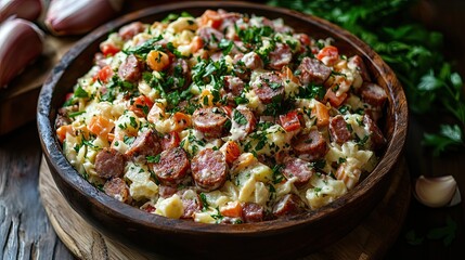 Russian salad Olivier with sausage, vegetables, and mayonnaise 