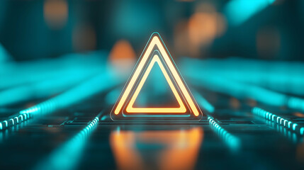 A glowing triangular shape sits on a futuristic, illuminated surface, creating a visually striking contrast with its neon surroundings.