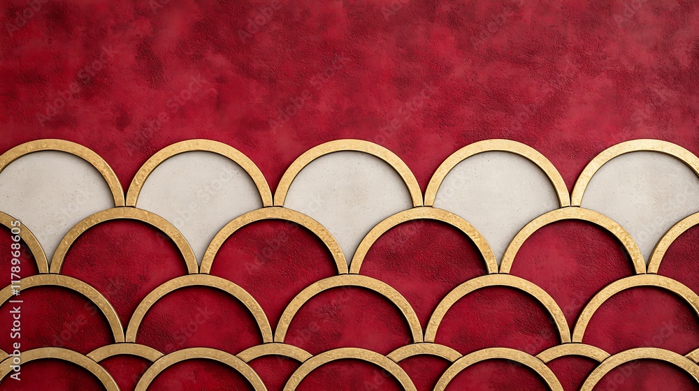 Poster A vibrant red background features a decorative pattern of overlapping golden arches, creating a striking visual effect.