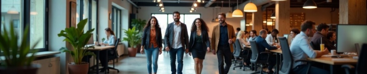 Fototapeta premium Group of diverse employees walking in a bustling co-working space, office rush, office work, coworking space