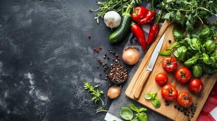 A modern kitchen countertop with culinary tools, a cutting board, and fresh vegetables, capturing the essence of healthy cooking at home