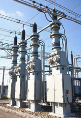 high-voltage substation with switches and disconnectors, masterpiece, with white tones