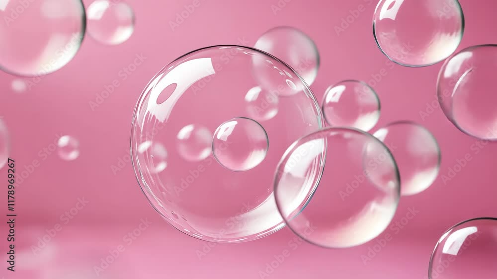 Poster transparent soap bubbles float gracefully against a soft pink background, creating a whimsical and d