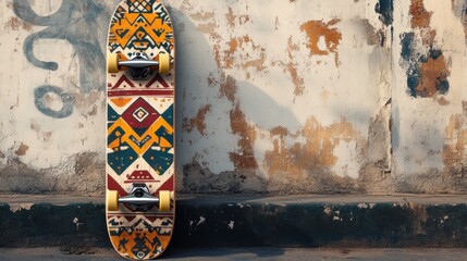 Vintage skateboard adorned with vibrant retro patterns resting against a textured wall, capturing a...