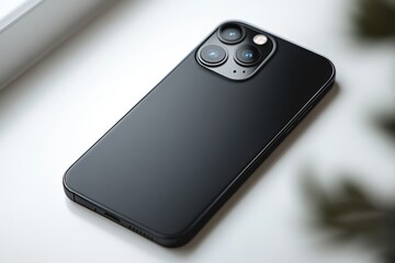 Minimalist black smartphone resting on a sleek white surface