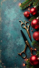 Hairdresser's tools decorated with Christmas lights and ornaments on a grunge background, styling, tools, lights