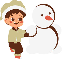 Boy Building a Snowman in Winter Illustration
