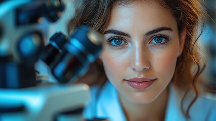 A focused young woman examines a microscope, highlighting scientific exploration and curiosity.