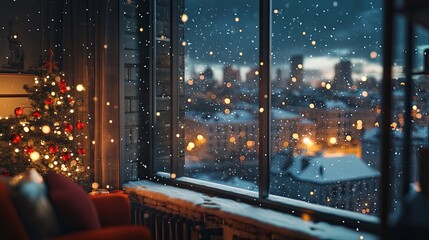 Obraz premium A cozy scene of a city apartment with a window view, as snowflakes fall against the backdrop of a winter evening.