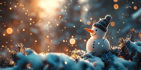 Snowman standing in a snowy scene surrounded by blurred bokeh lights softly glowing in festive tones, style book illustration