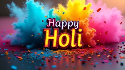A vibrant background featuring exploding color powders in shades of pink, blue, yellow, and green. The words "Happy Holi" are in the center with a bold, glowing font, surrounded by abstract colors