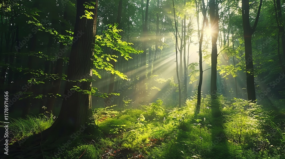 Poster sunlight streams through the trees in a lush, green forest.