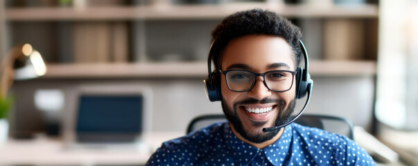Naklejka premium A cheerful man in headphones smiles while working at a desk, showcasing a professional and engaging remote work environment.