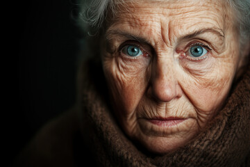 Fototapeta premium Elderly woman with blue eyes, wearing an old brown scarf around her neck. Her gaze conveys wisdom and resilience