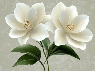 Two elegant white flowers on a patterned background.