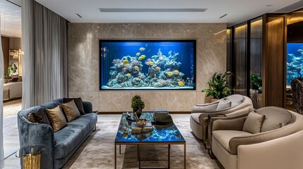 A modern living room with a built-in aquarium set against a marble wall, paired with plush seating and elegant decor, creating a sophisticated look.