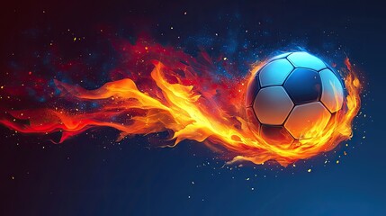 Naklejka premium Fiery soccer ball in motion against dark background.