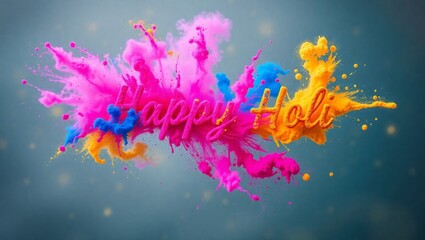 A vibrant background featuring exploding color powders in shades of pink, blue, yellow, and green. The words "Happy Holi" are in the center with a bold, glowing font, surrounded by abstract colors