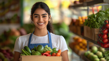 Indian woman holding vegetable box