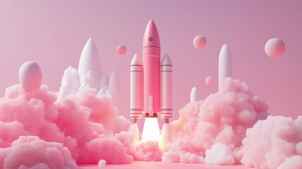 A futuristic 3D illustration of a rocket launch, representing the innovative process of developing and launching new technology products or services.