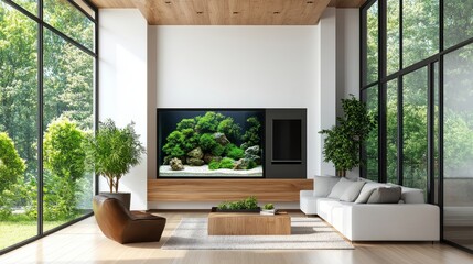 A modern living room with a large built-in aquarium, surrounded by wood accents and green plants, blending natural elements with modern aesthetics.
