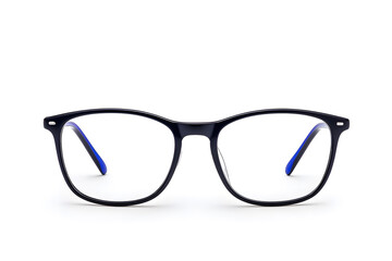 A pair of classic, black-rimmed eyeglasses isolated on white background