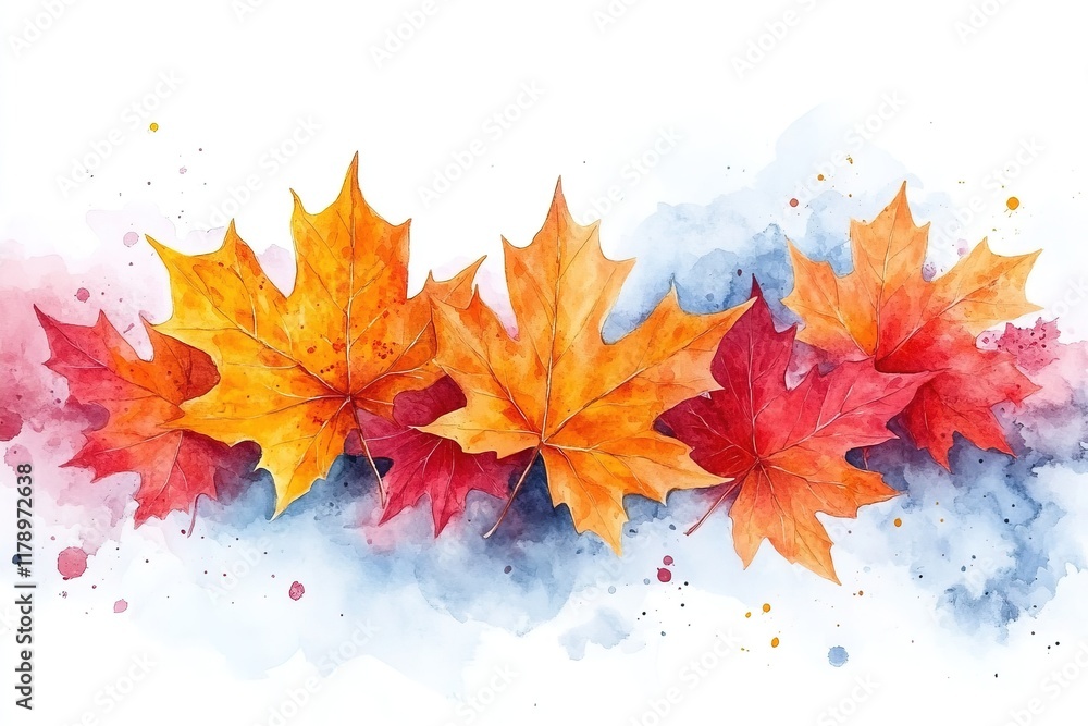 Wall mural A watercolor illustration of vibrant autumn leaves in orange and red, set against a soft blue background.