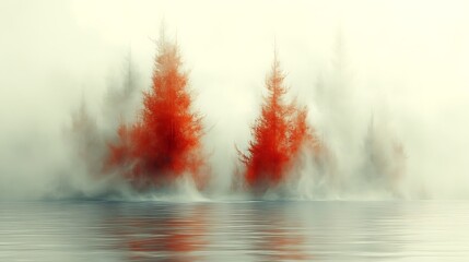 Surreal red trees reflected in foggy water.