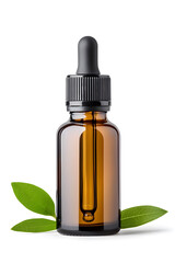 Fototapeta premium Amber glass dropper bottle with black cap mock up isolated on white background