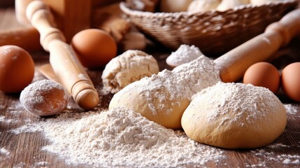 Fototapeta premium Baker's workspace filled with flour, rolling pins, and freshly prepared dough ready for shaping and baking