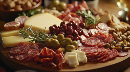 A beautifully arranged charcuterie board with cheeses, cured meats, olives, nuts, fresh fruits, and crusty bread. 