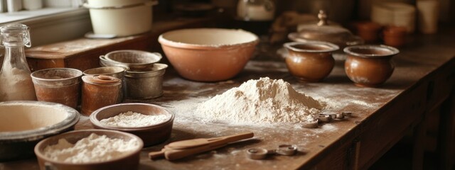 Baker's Haven, a vibrant workspace filled with flour dust, mixing bowls, and essential pastry tools for delicious creations.