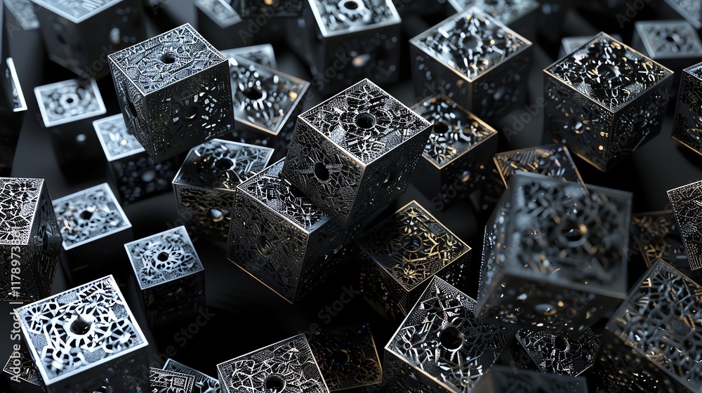 Poster abstract image of many intricate black cubes with a metallic finish, laying on a black surface.