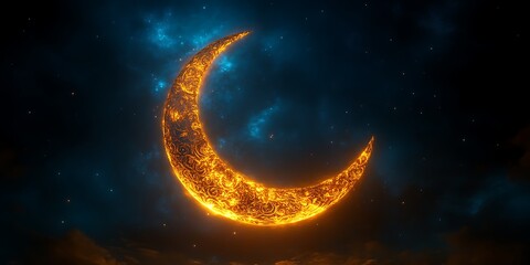 Fototapeta premium Fiery crescent moon in night sky.