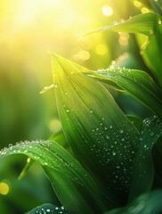 close up of fresh corn on the cob in lush green field, sun rays and dew drops on it's leaves, blurred background, sunlight.