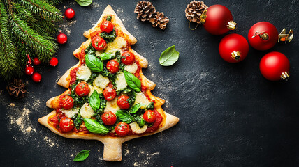 Christmas tree shaped pizza decorated with basil on dark background