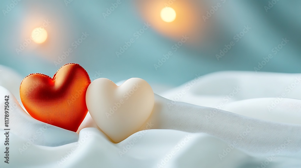 Poster luxurious heart shaped gracefully resting on glowing soft white silk fabric with intricate abstract 